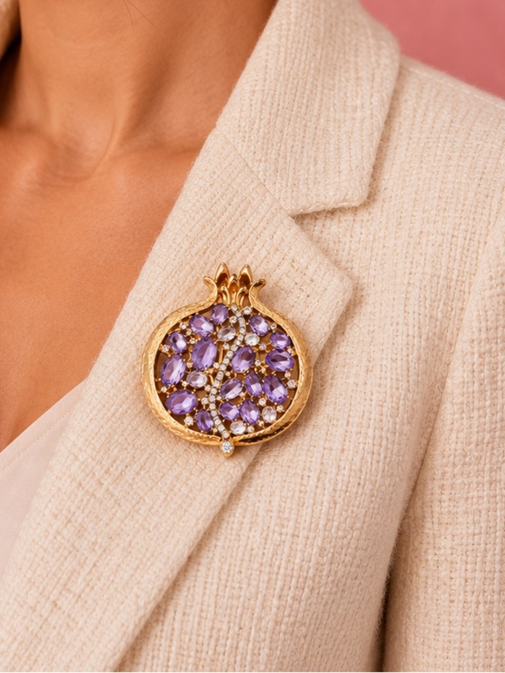 Amethyst Pomegranate Crystal Gold Brooch